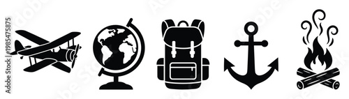 Adventure and travel themed icons collection with airplane, world globe, backpack, anchor, and campfire symbols perfect for various graphic design and exploration concepts.