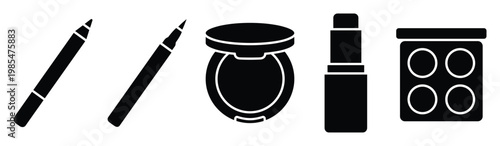 Essential collection of cosmetic products including eyeliner, lipstick, compact powder, and eyeshadow palette, perfect for beauty blogs, salon promotions, or makeup tutorials