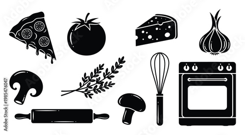 Assortment of classic pizza ingredients and kitchen utensils perfect for restaurant menus, cooking tutorials, and foodrelated branding projects