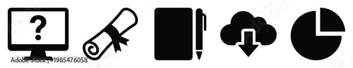 Comprehensive set of digital icons for education business and data analysis including question support diploma success notebook writing cloud download and statistical pie chart graphics