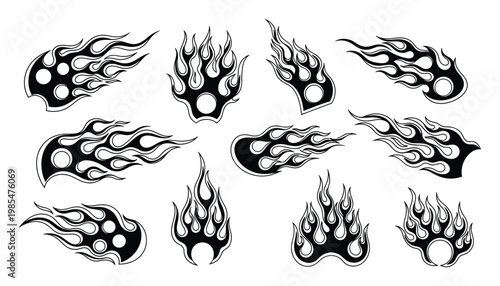 Collection of dynamic hot rod flame decals and tribal fire graphics for automotive customization, apparel branding, and energetic design projects