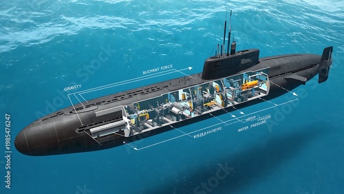 Detailed Illustration of a Submarine's Inner Workings, Floating in the Ocean with Annotations on Gravity and Buoyancy