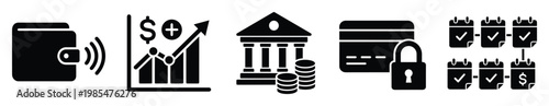 Essential financial business icons illustrating secure contactless payments, economic growth, banking services, credit protection, and recurring expense management for fiscal applications.