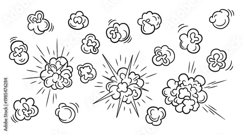 Dynamic comic style visual elements featuring expressive explosion bursts and various smoke puff shapes for creative storytelling visuals