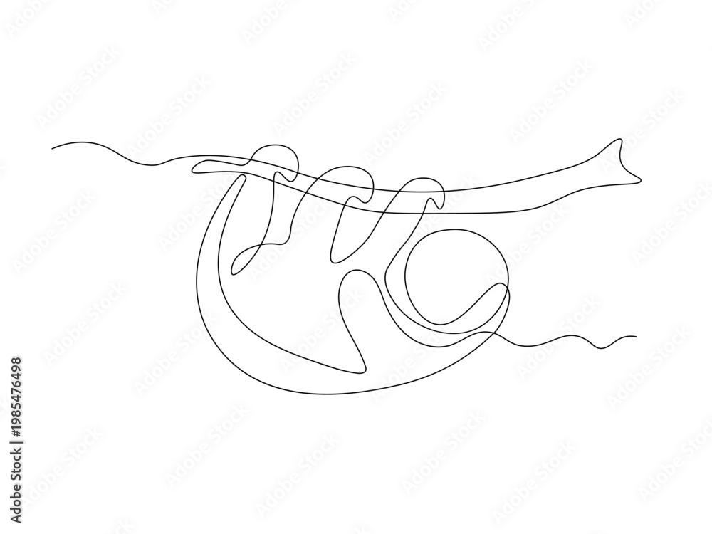Fototapeta premium A charming sloth clings lazily to a branch, its curved body and relaxed posture. Continuous single one line art hand drawing sketch logo on white background.