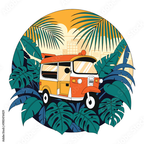 A red and yellow retro car drives along a sunny beach road with green trees and a blue sky in this vibrant cartoon vector illustration of summer travel.