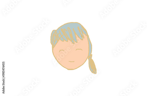 Hand-drawn mother face illustration, golden yellow outline with blue-gray hair, cool pastel tone