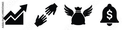 Diverse financial symbol set featuring a rising chart, mutual assistance hands, a winged money bag, and a dollar sign bell, ideal for conveying concepts of prosperity, cooperation, and