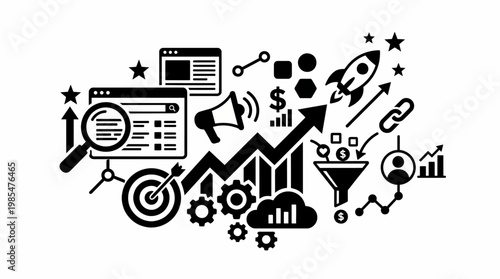 Digital Marketing Growth Strategy Chart Rocket Funnel Analytics Concept