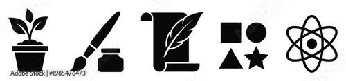 Collection of fundamental icons representing diverse fields including nature, creativity, literature, mathematics, and science for educational materials and conceptual projects.