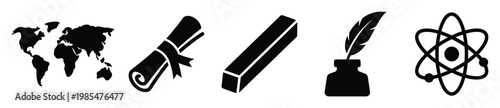 Universal set of education and science icons depicting global knowledge, academic achievement, scholarly writing, and scientific discovery for school projects and learning resource designs.