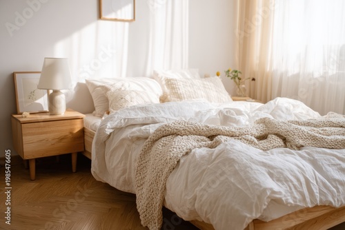Bright cozy bedroom with soft white bedding