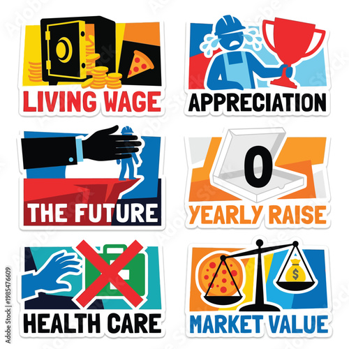 Labor Day Wage Inequality Sticker Collection High-Contrast Vector Illustration Style Satire Depicting Low Pay Paradox Unfair Rewards Annual Bonus Irony And Market Value Issues On Backgrounds