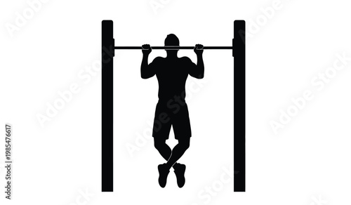 A stark black silhouette of a person performing a pull up exercise on a horizontal bar against a white background silhouette high quality professional