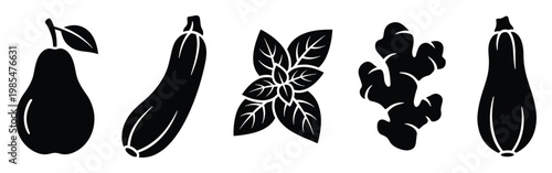 Collection of various black silhouette food icons including pear, zucchini, basil, and ginger, perfect for recipe blogs, grocery store promotions, and healthy eating guides