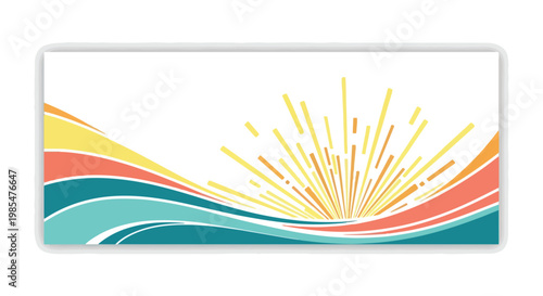 Vibrant abstract sunrise background with wavy colorful lines and radiant yellow sunburst on white