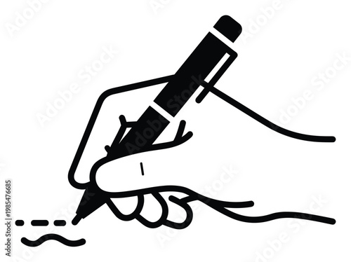 Professional hand holding a marker pen actively engaged in the act of writing or signing a document, ideal for illustrating business, education, communication concepts, and tasks.