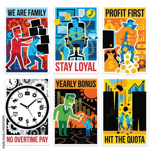 Premium Set Of 6 Detailed Cartoon Stickers High-Contrast Graphic Vector Illustration Style For Labor Day Depicting Corporate Exploitation Overtime Pressure And Labor Rights Issues On Background