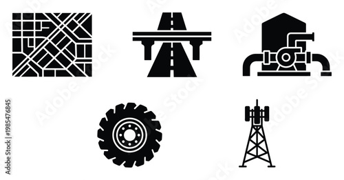 Collection of infrastructure icons including city map, highway overpass, industrial pump, vehicle tire, and communication tower, useful for urban planning and utility designs