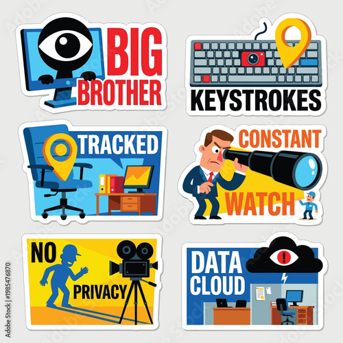 Labor Day Privacy Surveillance Sticker Set High-Contrast Vector Illustration Style Depicting Big Brother Monitoring Office Privacy Data Mining And Worker Tracking Satire On White Background