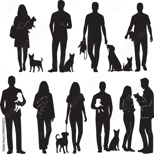 Silhouette family walking dogs at dusk with diverse group of pet owners in flat design style