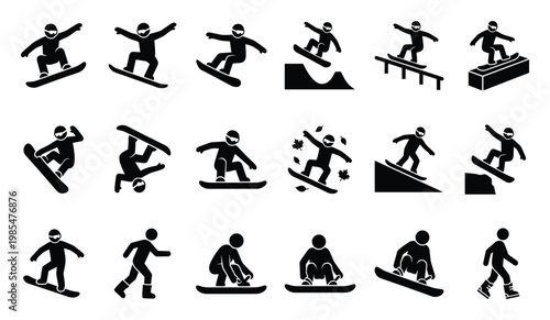 Snowboarding activity stick figures doing various tricks and poses on the slopes for winter sports recreation and action adventure lifestyle concepts