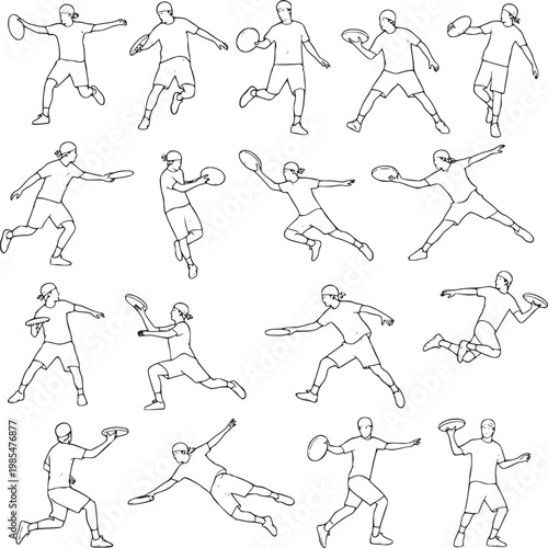 continuous line art of tennis player in action poses set on white background