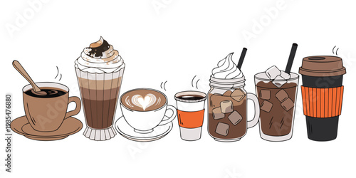 A set of disposable paper coffee cups and a hot chocolate beverage in a plastic lid container are isolated on a white background for a espresso object.
