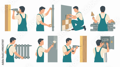Set of home renovation, construction, and repair tasks vector illustrations