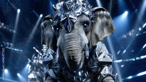 Robot elephant cyberpunk elephant mechanical animal sci fi creature stage show blue light metal armor futuristic circus fantasy beast ai hybrid cyberpunk elephant blue stage light with metal armor