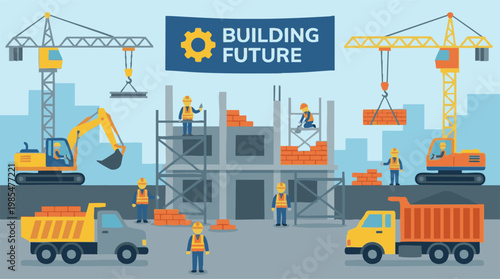Construction site with workers and heavy machinery building a new future