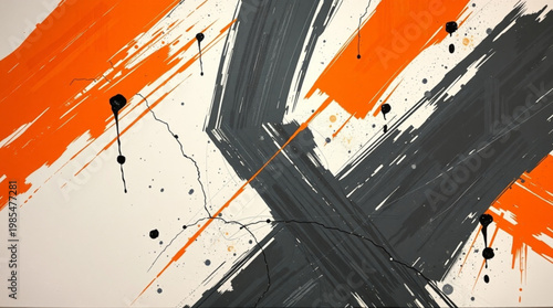 Modern abstract artwork with bold orange brushstrokes on pale background, swirling dark lines creating depth,
