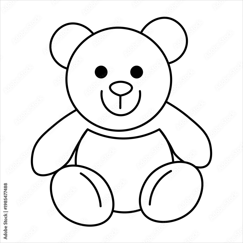 Fototapeta premium Simple black and white line art drawing of a cute sitting teddy bear with a happy expression.