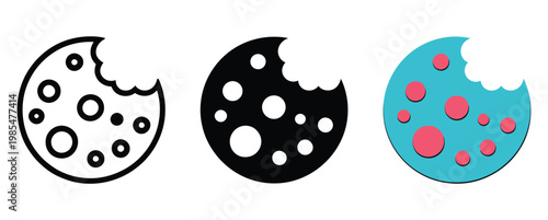 Three cookie icons with varying styles including a color version with a bite taken out, sweet snack illustration