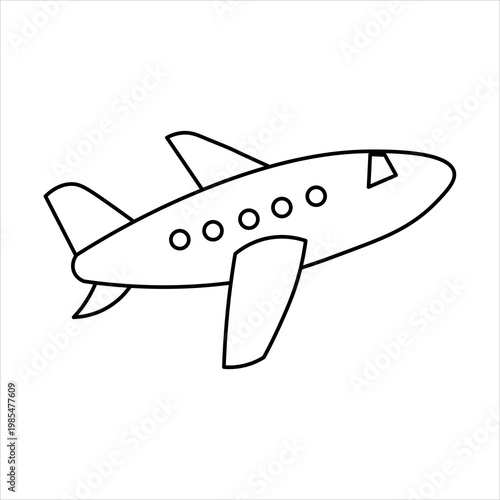 Simple black and white outline drawing of a passenger airplane, cartoon style, ready for flight.