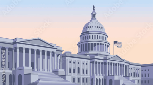 United States Capitol Building and American Flag Minimalist Illustration