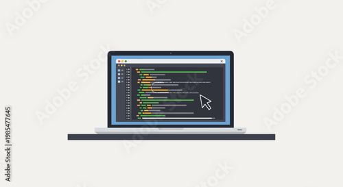 Modern digital workspace illustration featuring a laptop screen actively displaying intricate software development code, highlighting web programming and technological progress