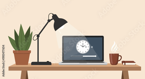 A productive workspace with a laptop displaying a loading bar, a desk lamp illuminating the scene, a potted plant, a cup of coffee, and a book, perfect for remote work or study