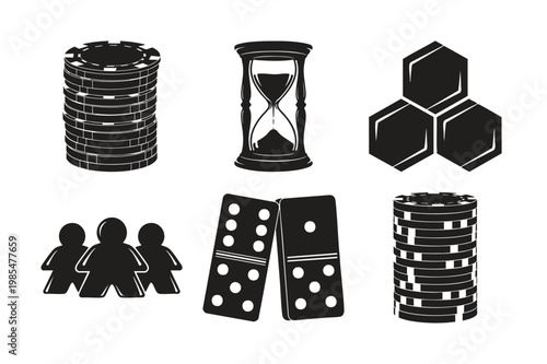 Board game pieces silhouette set bundle casino and dominoes.