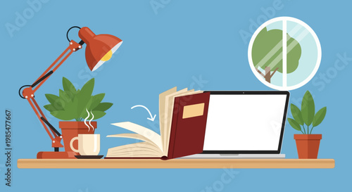 Cozy home office setup with a laptop, open book, desk lamp, and plants, creating a productive and relaxing study or work environment