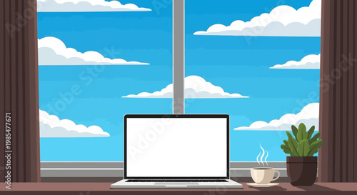 Productive home office desk laptop, coffee, plant. Bright window view of blue sky, clouds. Ideal for serene remote work and focused tasks