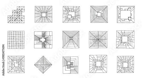 Collection of various geometric shapes and patterns with lines and grids on a white background
