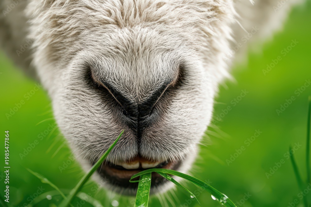 Fototapeta premium Close-up of Alpaca eating grass with transparent background texture