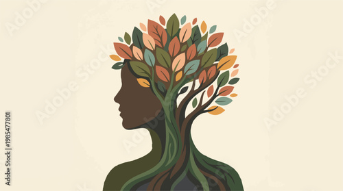 Woman's head as a tree, nature and mind connection, growth concept