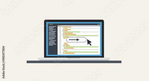 A realistic depiction of a laptop computer screen displaying code with a cursor highlighting a button element, symbolizing programming and web development concepts