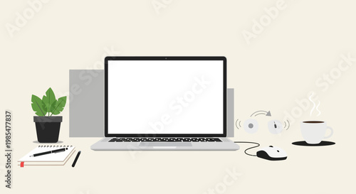 Minimalist workspace setup with a laptop, coffee, and plant, symbolizing efficient remote work, focused study, and a clean professional environment