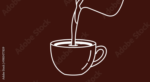 A simplistic white line drawing of coffee being poured into a white cup on a dark brown background, creating an inviting beverage visual