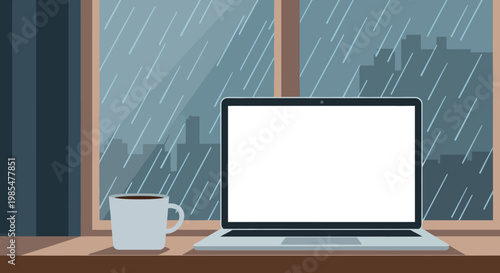 Cozy home office setup with a laptop and coffee cup on a windowsill overlooking a rainy cityscape, perfect for remote work or study on a gloomy day