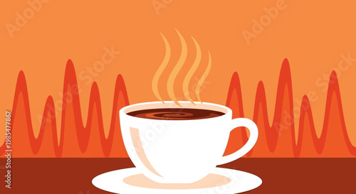 Enjoy the comforting warmth of a steaming hot cup of coffee, perfectly illustrated against a vibrant, fiery orange background, evoking cozy moments and refreshing breaks for relaxation
