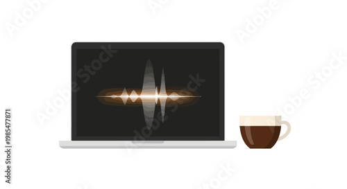 Laptop screen displaying a sound wave visualization next to a cup of coffee, representing audio recording and analysis in a relaxed work environment